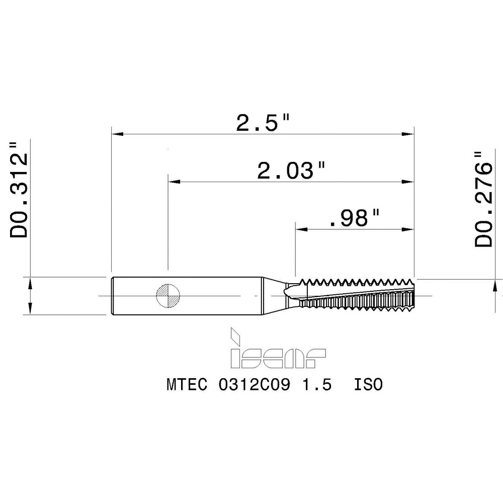 Iscar Helical Flute Thread Mill M10x1.5, Internal, 3 Flute, 0.3120