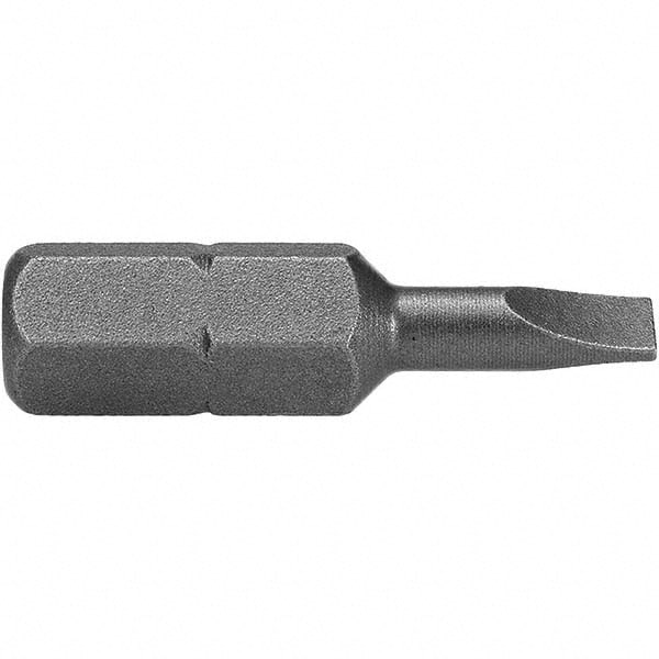 Slotted Screwdriver Bits; Blade Width (mm): 0.125 in; 3.2 mm; Drive Size (Inch): 0.25 in; Blade Thickness: 0.021 in; 0.53 mm; Blade Thickness (Decimal Inch): 0.021 in; 0.53 mm; Material: Steel; Overall Length (Inch): 1 in; 25 mm; PSC Code: 5133; Minimum O