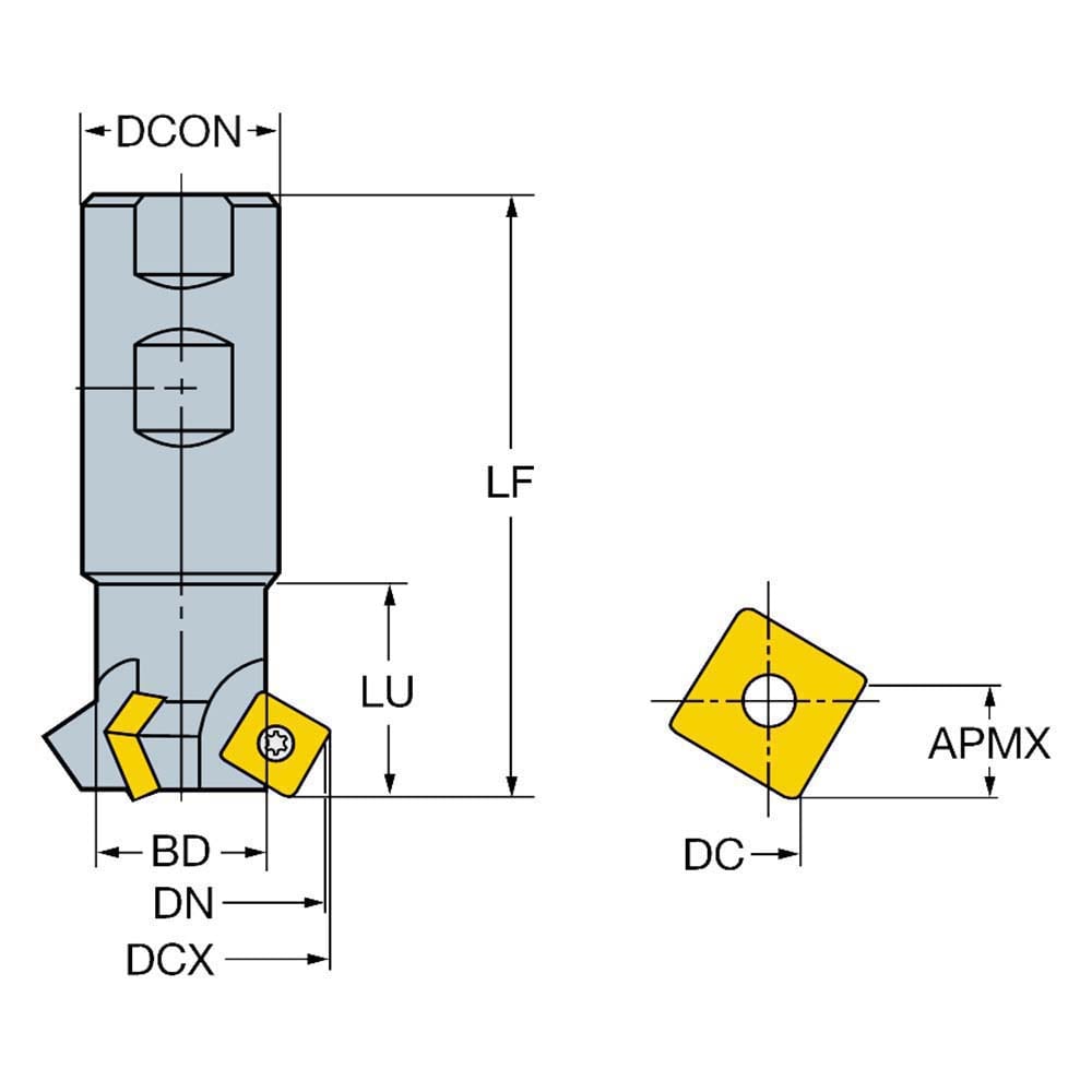 60° Lead Angle, 0.472" to 0.903" Cut Diam, 19.05mm Shank Diam, Indexable & Chamfer End Mill