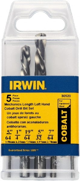 Irwin 30520 Drill Bit Set: Maintenance Length Drill Bits, 5 Pc, 0.0781" to 0.2969" Drill Bit Size, 135 °, Cobalt 