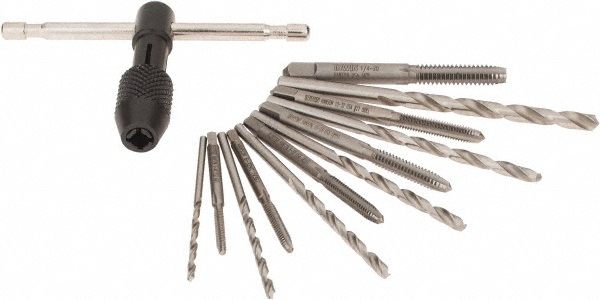 Tap & Drill Set: #4-40 to 1/4-20 Taps, #43 to #7 Drills - Carbon Steel, Bright Finish, Plug Chamfer, 13 pc