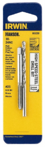 Tap & Drill Set: #10-24 Taps, #25 Drills - Carbon Steel, Bright Finish, Plug Chamfer, 2 pc