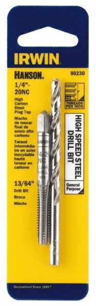 Tap & Drill Set: 1/4-20 Taps, 13/64" Drills - Carbon Steel, Bright Finish, Plug Chamfer, 2 pc