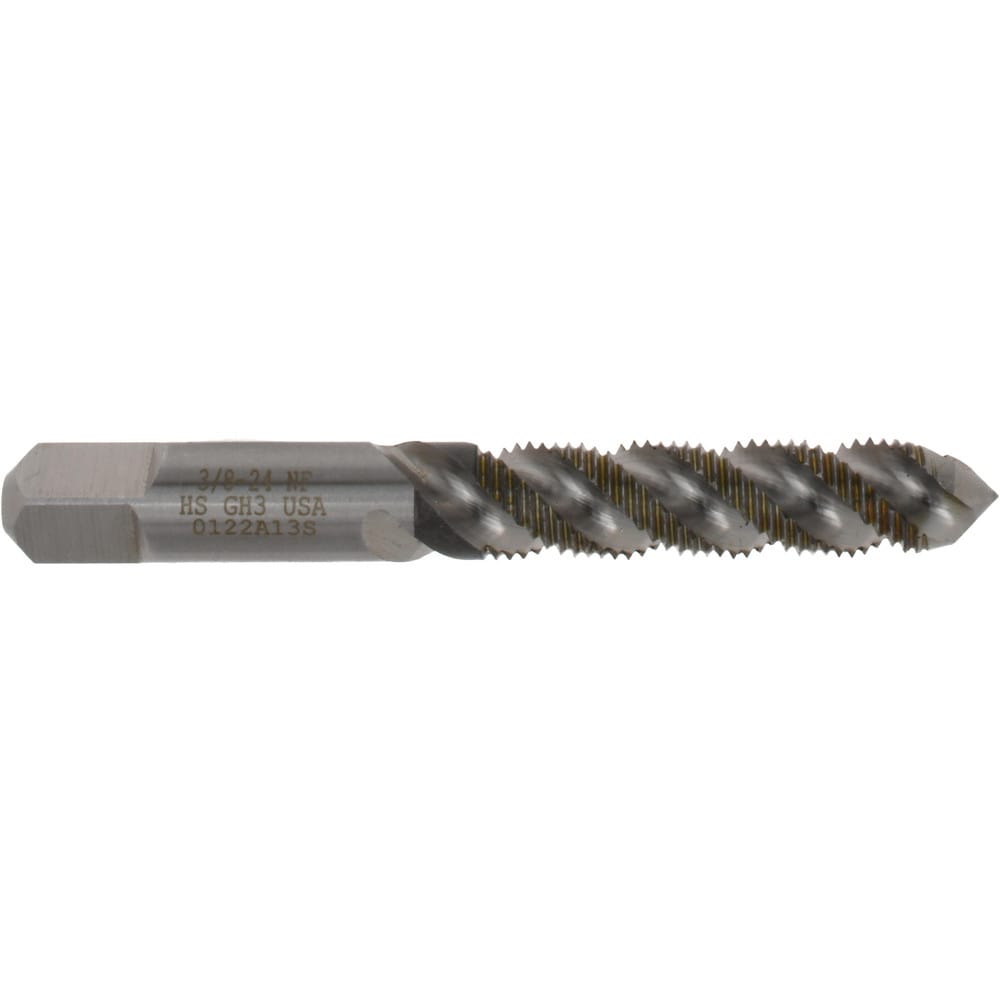 Spiral Flute Tap: 3/8-24, UNF, 3 Flute, Plug, 3B Class of Fit, High Speed Steel