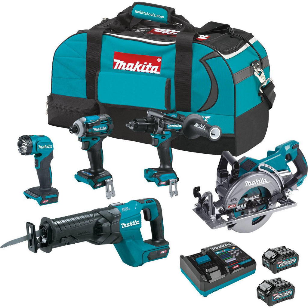 Makita 40.00 Volt Cordless Tool Combination Kit - Includes GPH01Z, GDT01Z, GRJ01, GSR01, ML001G, (2) 40 max XGT 4.0Ah Battery, Charger & Tool Bag