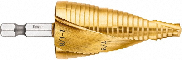 Step Drill Bit: 7/8" Min, 1-1/8" Max, 1/4" Shank Dia, High-Speed Steel, 2 Hole Sizes - 5/32" Step Length, Titanium Nitride Finish, Hex Shank