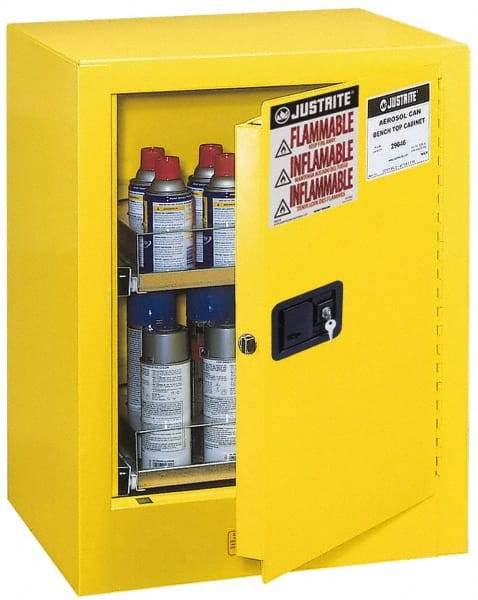 Justrite. 890500 Bench Top Cabinet: Manual Closing, 2 Shelves, Yellow 