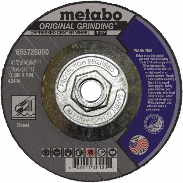 Depressed Center Wheel: Type 27, 4" Dia, 0.04" Thick, Aluminum Oxide