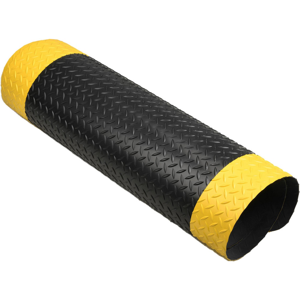 PRO-SAFE Anti-Fatigue Mat: 12' Long, 3' Wide, 11/16 Thick, Vinyl, Beveled Edges, Heavy-Duty - Diamond Plate Surface, Black & Yellow, for Dry Areas