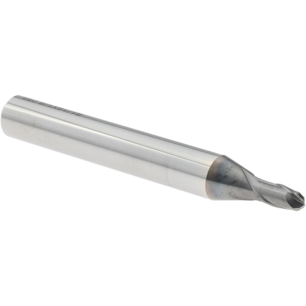 Ball End Mill: 1/8" Dia, 3/16" LOC, 2 Flute, Solid Carbide - 2" OAL, 1/4" Shank Dia, 30 deg Helix, WXS Finish, Single End, Series 9010