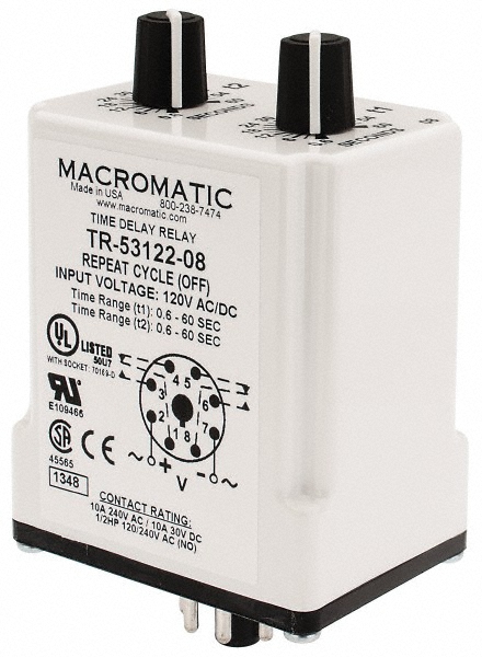 8 Pin, Multiple Range DPDT Time Delay Relay - .6-60 Seconds, 10 Contact Amp, 120 VAC/VDC, Knob