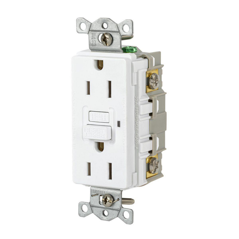 GFCI Receptacles; Grade: Commercial ; Receptacle Type: Duplex ; NEMA Configuration: 5-15R ; Wire Connection Type: Screw Terminals ; End Type: Socket ; Reset Type: Manual