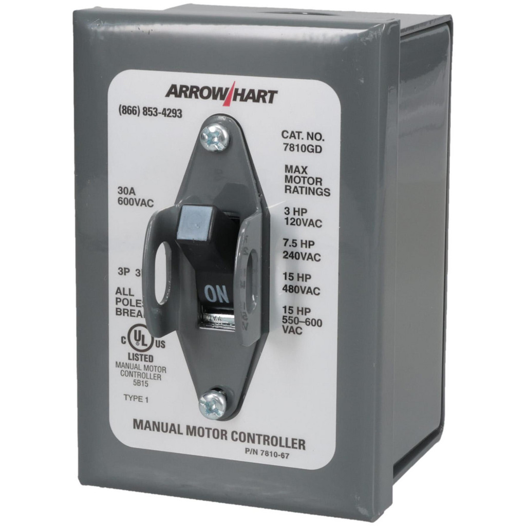 Cooper Wiring Devices | ArrowHart 3 Poles, 30 Amp, 3PST, NEMA, Enclosed Manual Motor Starter - 66.8mm Wide x 118.62mm Deep x 112.27mm High, 15 hp at