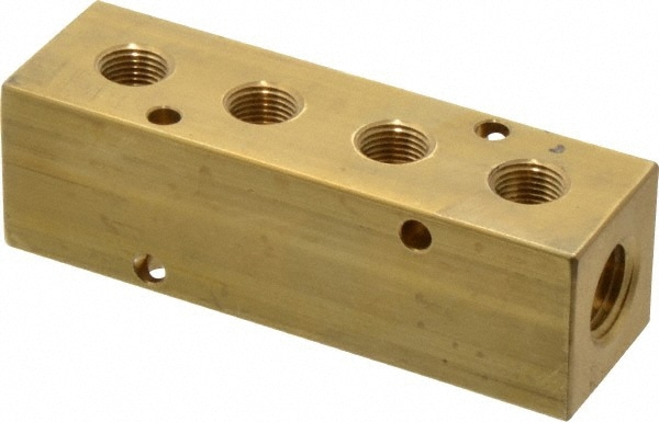 Manifold: 1/4" Inlet, 1/8" Outlet, 2 Inlet Ports, 4 Outlet Ports, 3.25" OAL, 1" OAW, 1" OAH