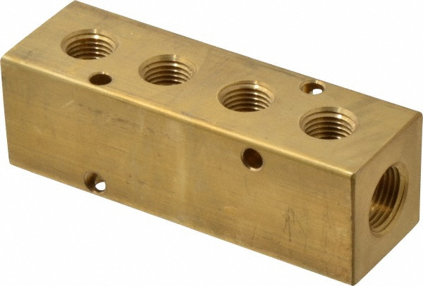 Made in USA BR04M124 Manifold: 3/8" Inlet, 1/4" Outlet, 2 Inlet Ports, 4 Outlet Ports, 3.88" OAL, 1.25" OAW, 1-1/4" OAH Image
