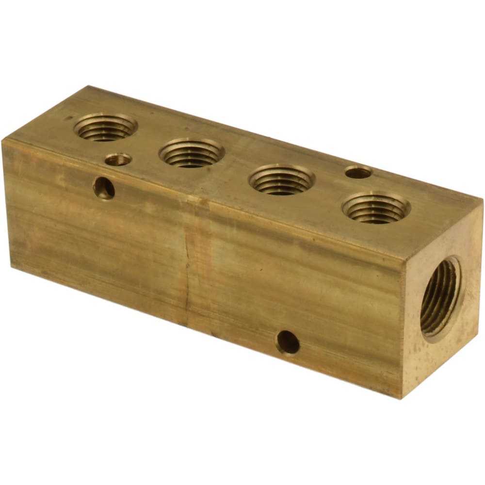 Manifold: 3/8" Inlet, 1/4" Outlet, 2 Inlet Ports, 4 Outlet Ports, 3.88" OAL, 1.25" OAW, 1-1/4" OAH