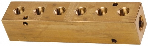 Manifold: 1/2" Inlet, 3/8" Outlet, 2 Inlet Ports, 6 Outlet Ports, 6.75" OAL, 1.5" OAW, 1-1/2" OAH
