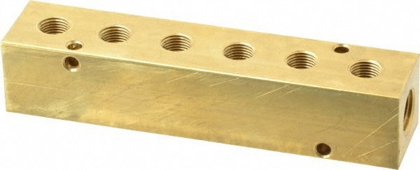 Made in USA BR06M100 Manifold: 1/4" Inlet, 1/8" Outlet, 2 Inlet Ports, 6 Outlet Ports, 4.75" OAL, 1" OAW, 1" OAH Image