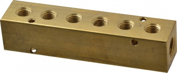 Manifold: 3/8" Inlet, 1/4" Outlet, 2 Inlet Ports, 6 Outlet Ports, 5.63" OAL, 1.25" OAW, 1-1/4" OAH