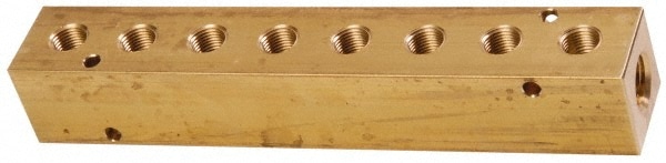 Manifold: 1/4" Inlet, 1/8" Outlet, 2 Inlet Ports, 8 Outlet Ports, 6.25" OAL, 1" OAW, 1" OAH