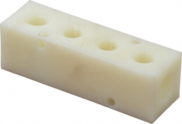 Manifold: 1/4" Inlet, 1/8" Outlet, 2 Inlet Ports, 4 Outlet Ports, 3.25" OAL, 1" OAW, 1" OAH