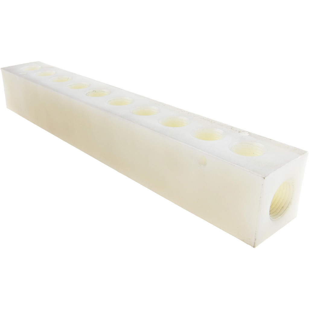 Made in USA | Value Collection Manifold: 1/2" Inlet, 3/8" Outlet, 2 Inlet Ports, 10 Outlet Ports, 10.75" OAL, 1.5" OAW, 1-1/2" OAH - Nylon Body, 1"