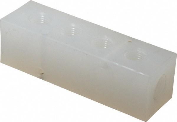 Manifold: 3/8" Inlet, 1/4" Outlet, 2 Inlet Ports, 4 Outlet Ports, 4.12" OAL, 1.25" OAW, 1-1/4" OAH