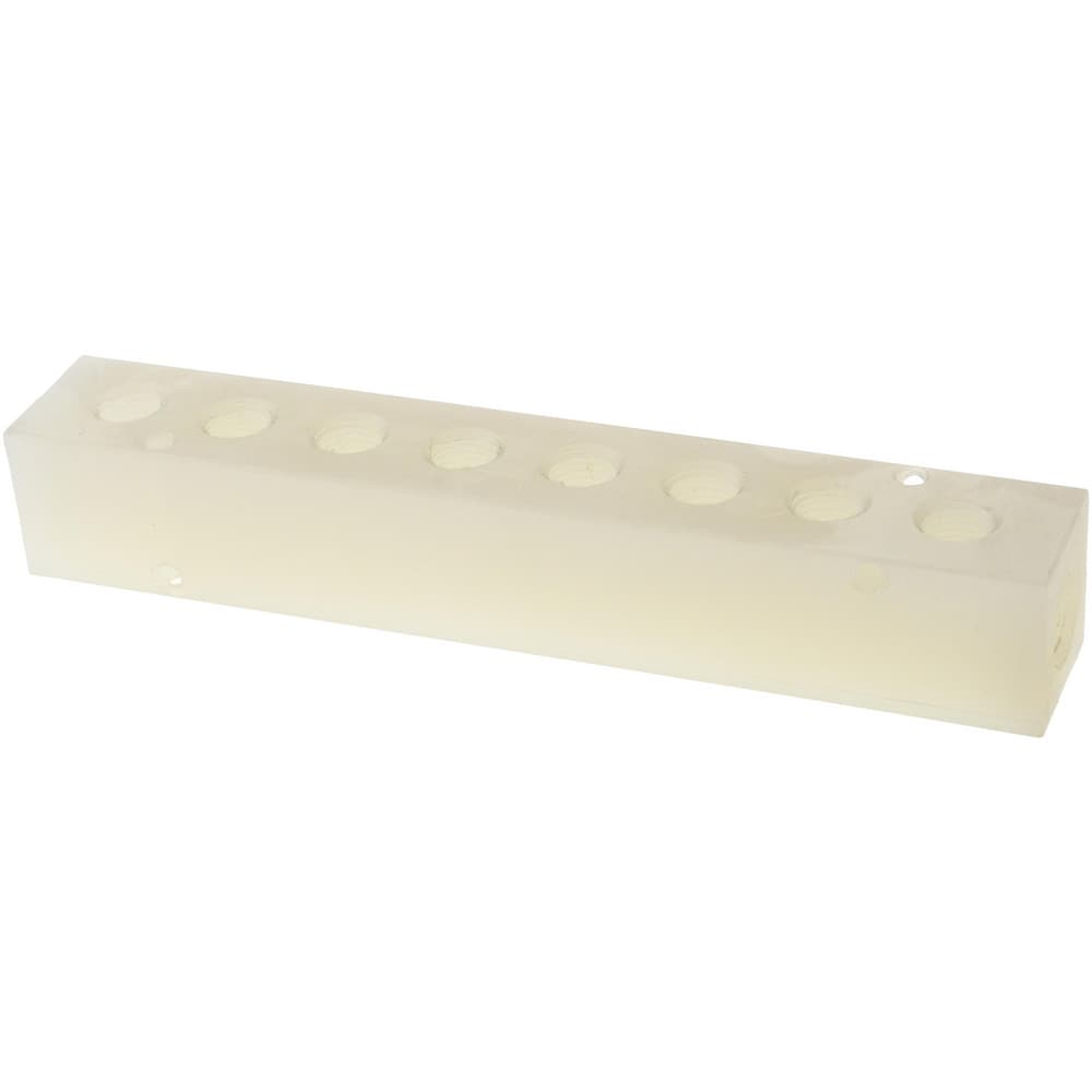 Manifold: 3/8" Inlet, 1/4" Outlet, 2 Inlet Ports, 8 Outlet Ports, 7.63" OAL, 1.25" OAW, 1-1/4" OAH