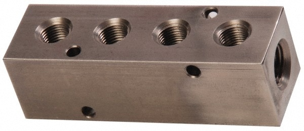 Made in USA SS04M100 Manifold: 1/4" Inlet, 1/8" Outlet, 2 Inlet Ports, 4 Outlet Ports, 3.25" OAL, 1" OAW, 1" OAH Image