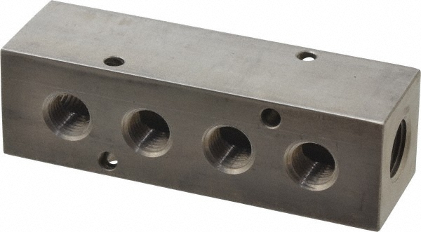 Made in USA SS04M125 Manifold: 3/8" Inlet, 1/4" Outlet, 2 Inlet Ports, 4 Outlet Ports, 4.12" OAL, 1.25" OAW, 1-1/4" OAH Image