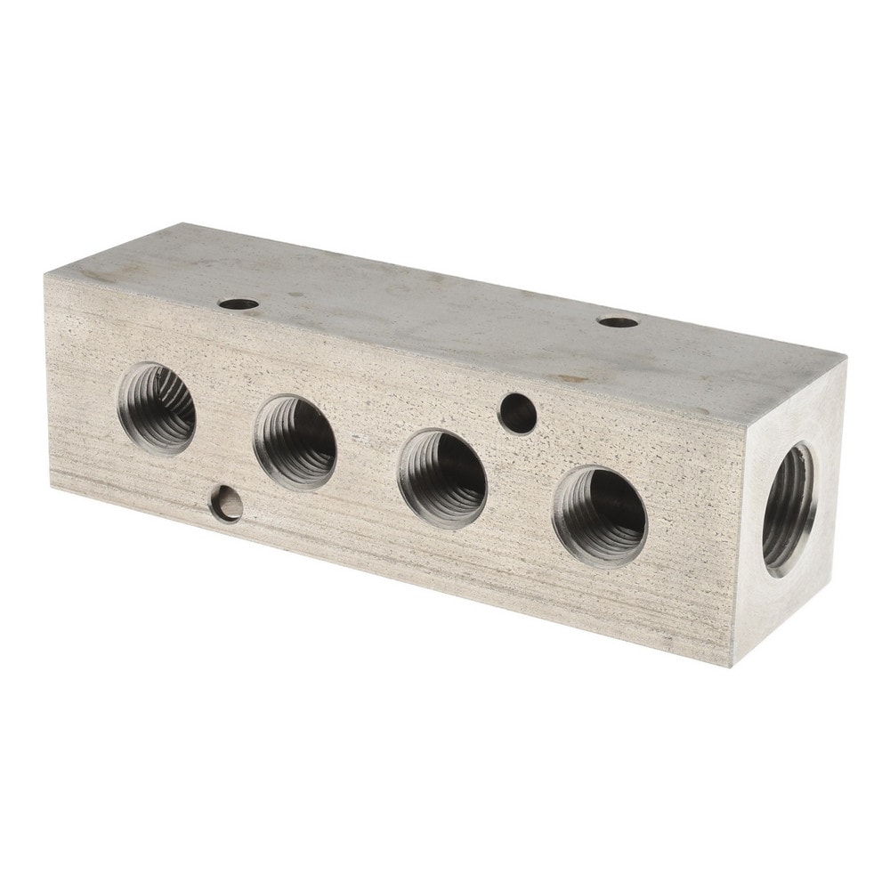 Manifold: 3/8" Inlet, 1/4" Outlet, 2 Inlet Ports, 4 Outlet Ports, 4.12" OAL, 1.25" OAW, 1-1/4" OAH