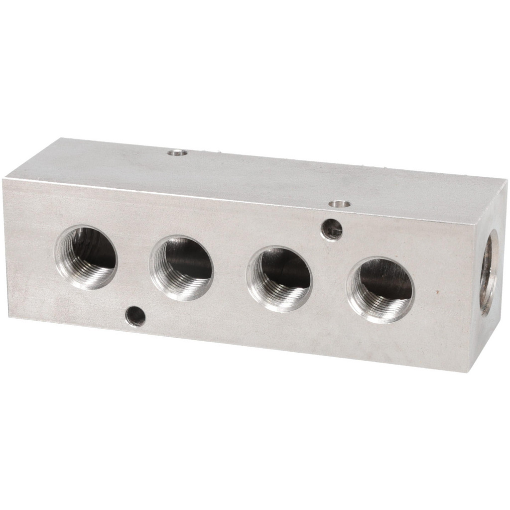 Made in USA | Value Collection Manifold: 1/2" Inlet, 3/8" Outlet, 2 Inlet Ports, 4 Outlet Ports, 4.75" OAL, 1.5" OAW, 1-1/2" OAH - Stainless Steel