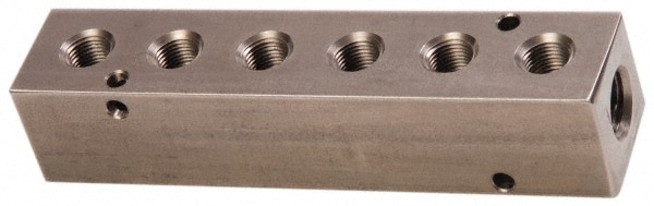 Manifold: 1/2" Inlet, 3/8" Outlet, 2 Inlet Ports, 6 Outlet Ports, 6.75" OAL, 1.5" OAW, 1-1/2" OAH