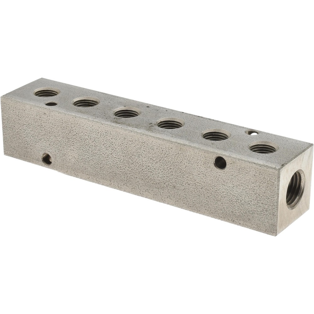 Manifold: 1/4" Inlet, 1/8" Outlet, 2 Inlet Ports, 6 Outlet Ports, 4.75" OAL, 1" OAW, 1" OAH