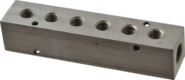 Manifold: 3/8" Inlet, 1/4" Outlet, 2 Inlet Ports, 6 Outlet Ports, 5.88" OAL, 1.25" OAW, 1-1/4" OAH