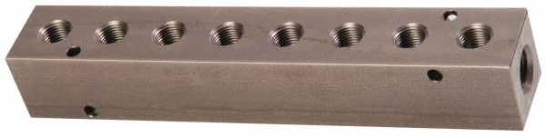 Manifold: 1/4" Inlet, 1/8" Outlet, 2 Inlet Ports, 8 Outlet Ports, 6.25" OAL, 1" OAW, 1" OAH