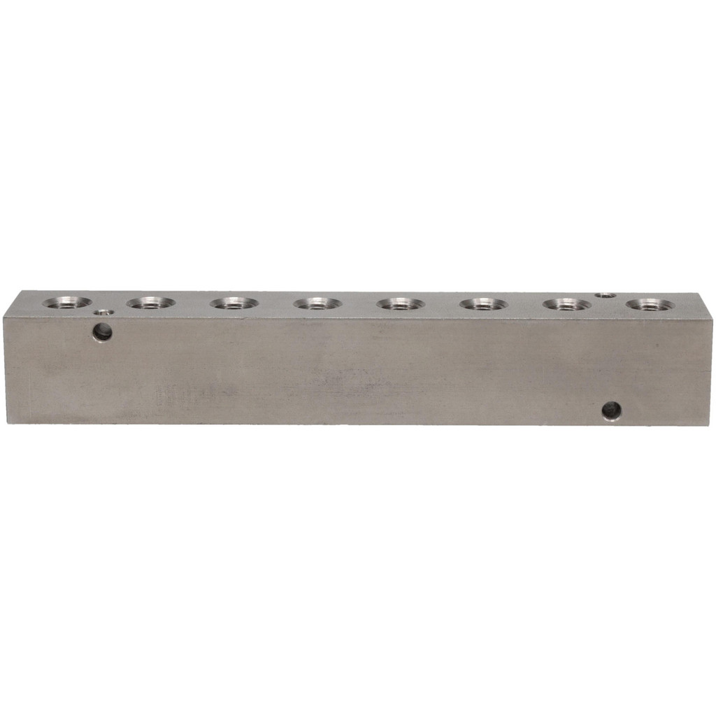 Made in USA | Value Collection Manifold: 1/4" Inlet, 1/8" Outlet, 2 Inlet Ports, 8 Outlet Ports, 6.25" OAL, 1" OAW, 1" OAH - Stainless Steel Body