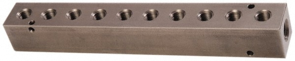 Made in USA SS10M125 Manifold: 3/8" Inlet, 1/4" Outlet, 2 Inlet Ports, 10 Outlet Ports, 9.38" OAL, 1.25" OAW, 1-1/4" OAH Image