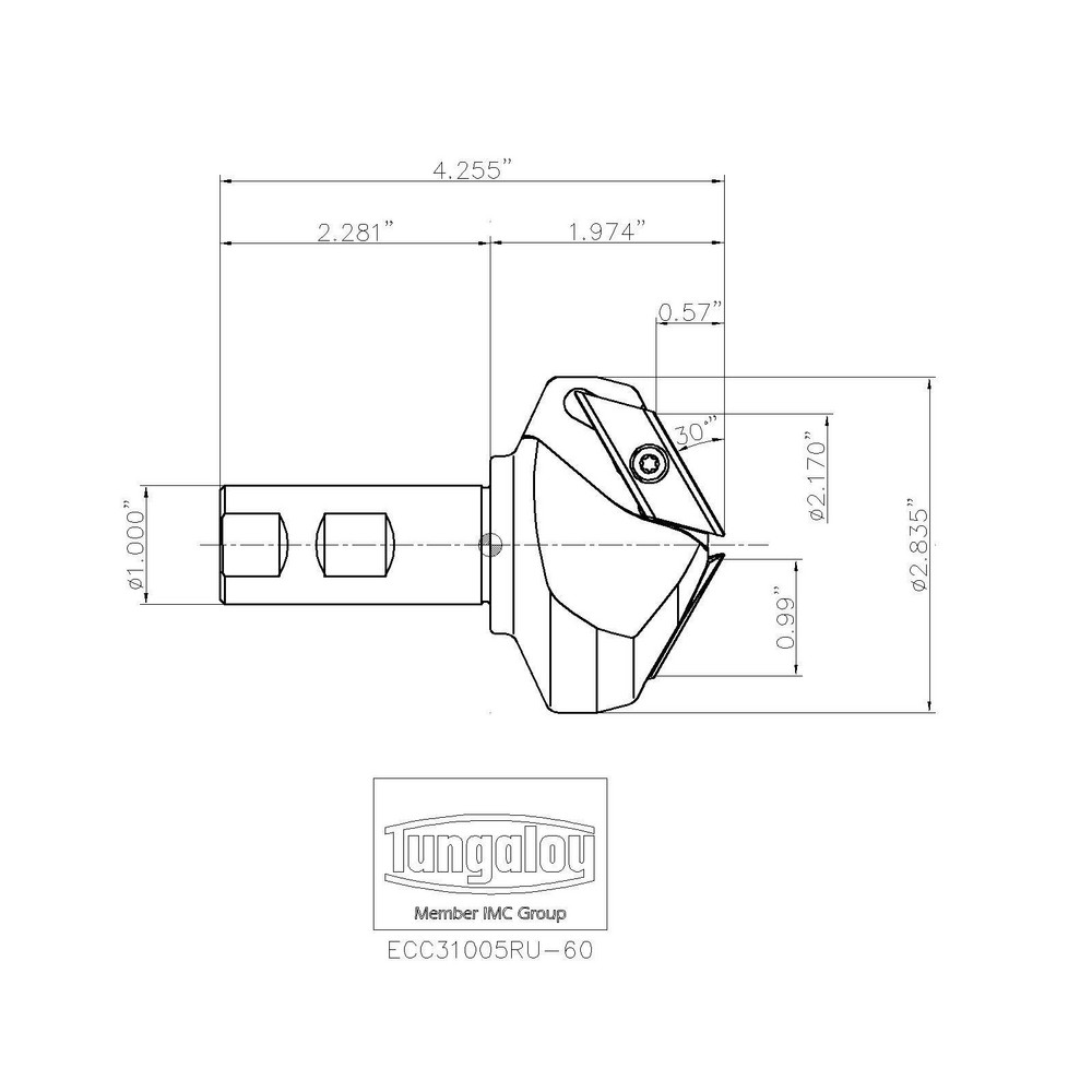 Tungaloy - 60° Lead Angle, 2.204" to 2.834" Cut Dia, Indexable ...