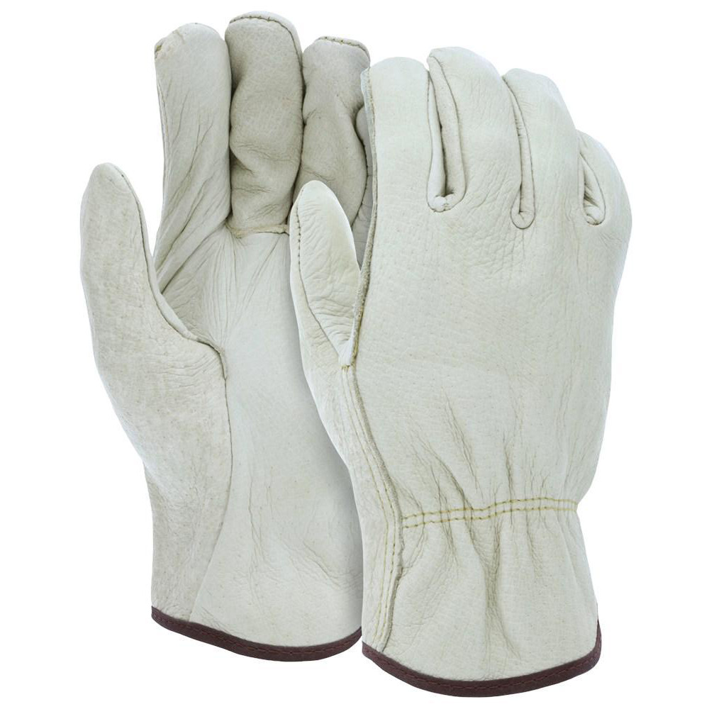 Work Gloves: Memphis® 3400, Size Medium, Not Lined, Pigskin Leather, General Purpose - Beige & Brown, Pair