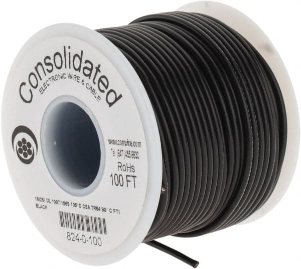 Tinned Copper Hook Up Wire Black... Long 100 Ft 26 Strand Made in USA 16 AWG 