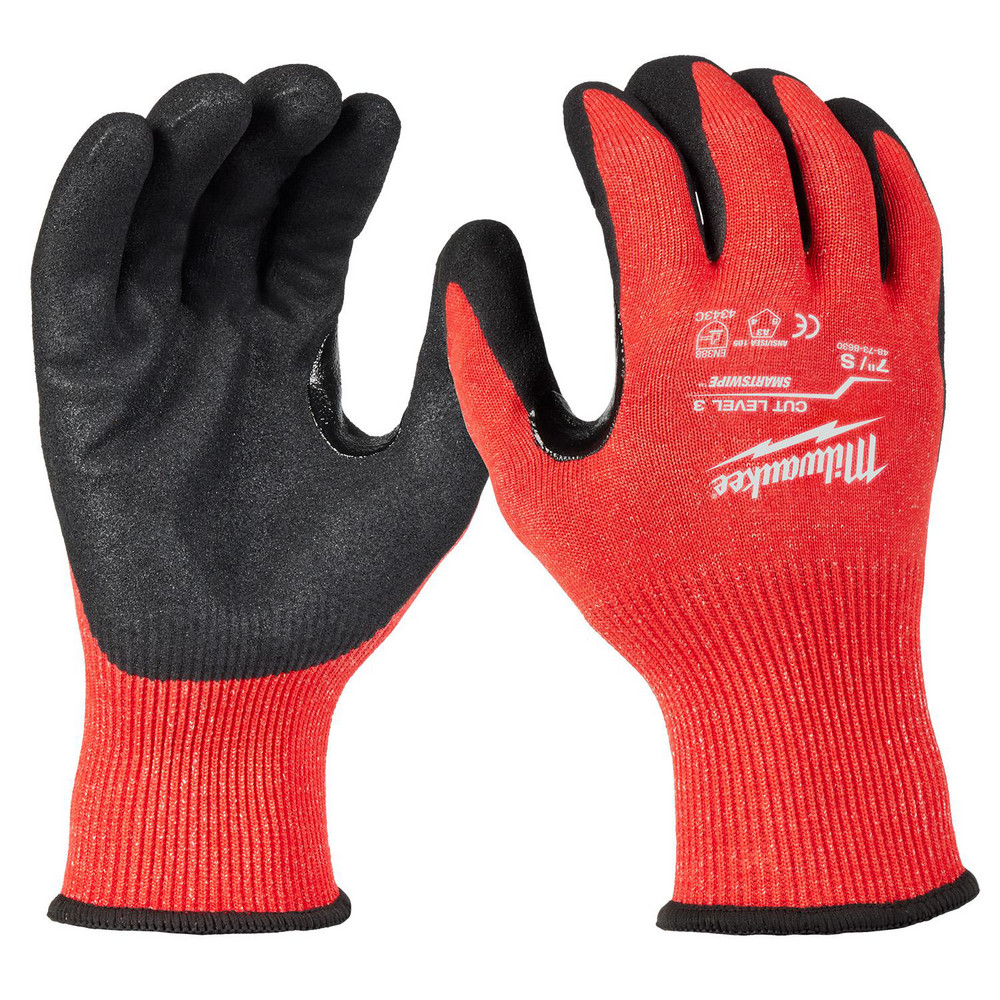 Cut-Resistant Gloves: Milwaukee 48-73-863E, Cut A3, Puncture 0, Abrasion 0, 15 ga, Size Small, 7" Long - Nitrile, Nitrile-Coated, Palm & Fingers Coating, Nitrile Dipped Grip, Black on Red Pair