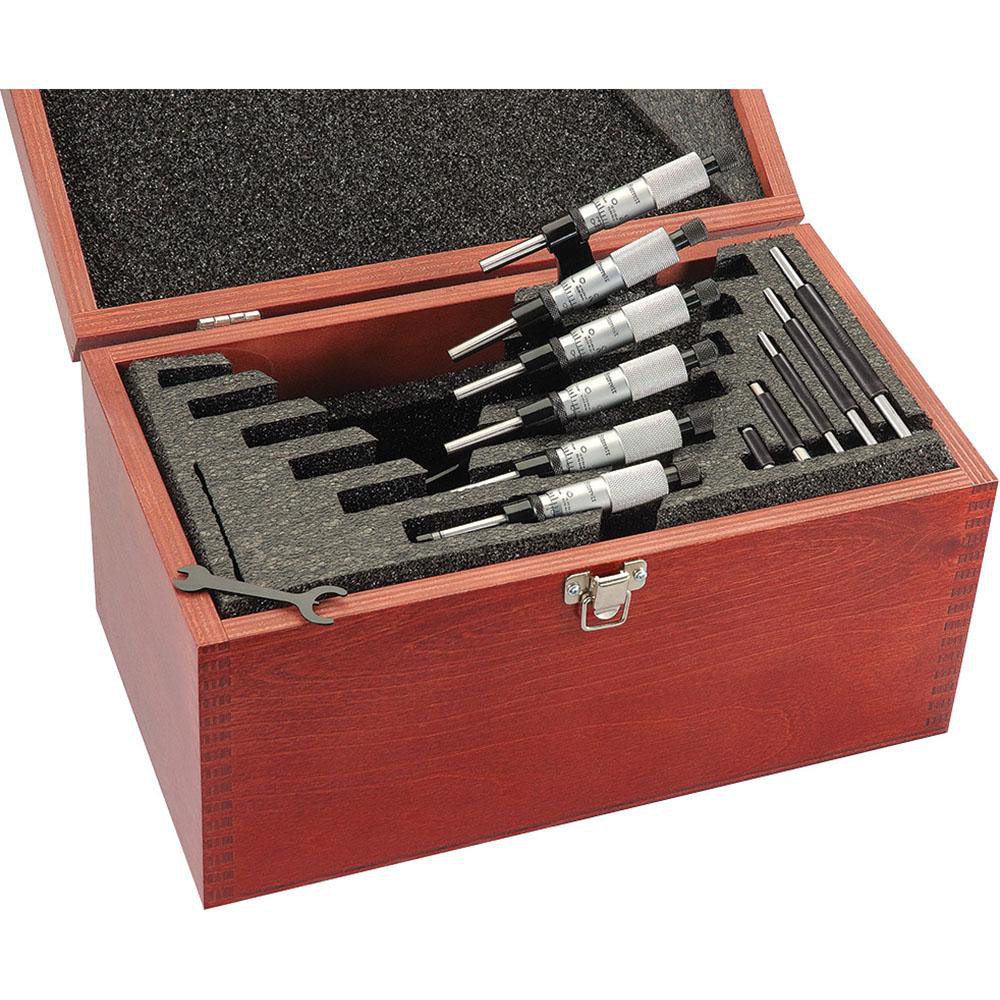 Mechanical Outside Micrometer Set: 6 Pc, 0 to 6" Measurement - Ratchet Stop Thimble, Solid Carbide Measuring Face