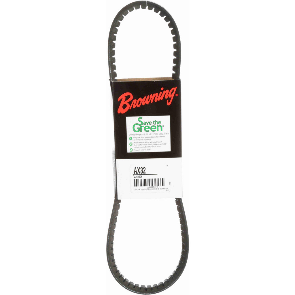 Browning | Gripnotch Cogged V-Belt: Section AX, 34.2000" Outside Length, 1/2" Belt Width - Rubber, Gripnotch, AX32 | Part #2351336