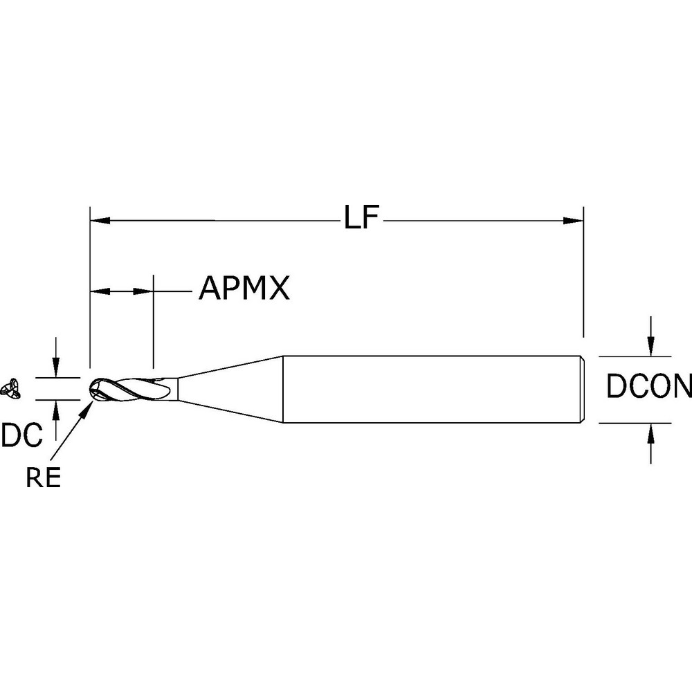 SGS Ball End Mill 0.0250" Dia, 1/8" LOC, 3 Flute, Solid Carbide