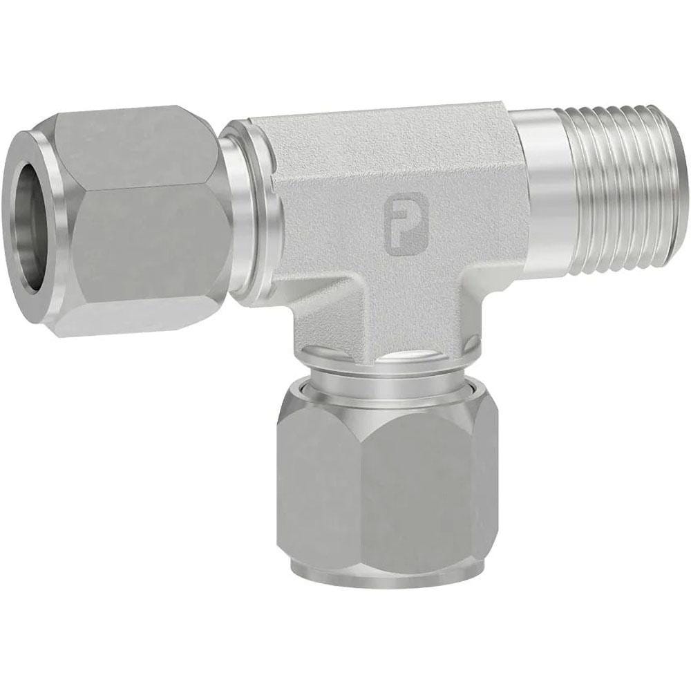 Parker 4 RBU-S Flareless Bite-Type Tube Male Run Tee: 1/8" NPTF, 1/4" Tube OD, Steel Image