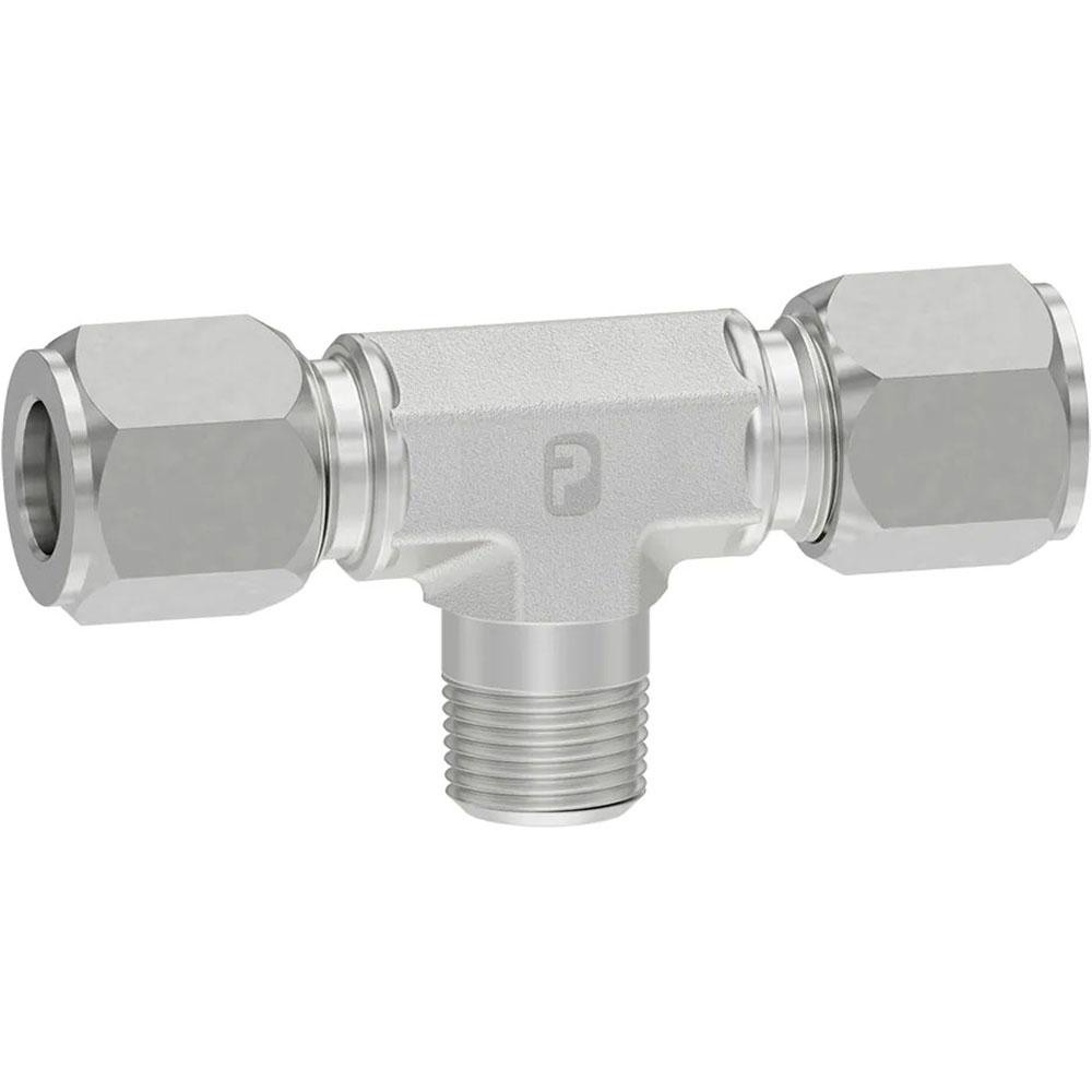 Flareless Bite-Type Tube Male Branch Tee: 1/4" NPTF, 3/8" Tube OD, Steel - 5,000 Max psi