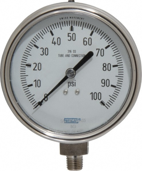 Wika 9745408 Pressure Gauge: 4" Dial, 0 to 100 psi, 1/4" Thread, NPT, Lower Mount Image