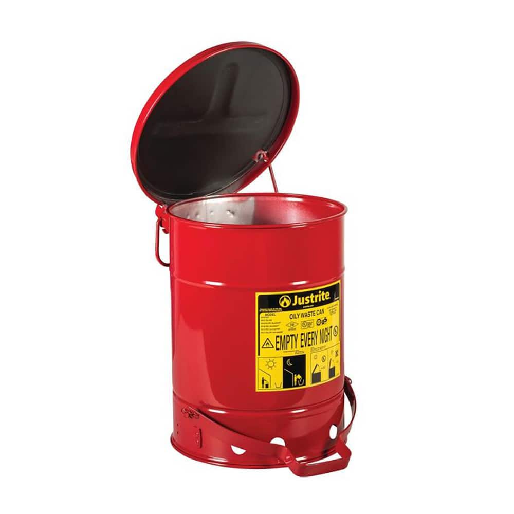 Justrite. 9108 Oily Waste Cans & Receptacles; Capacity (Gal.): 6.000 ; Opening Style: Foot Operated ; Color: Red ; Material: Steel ; Height (Inch): 15.88 ; Height (Decimal Inch): 16.000000 