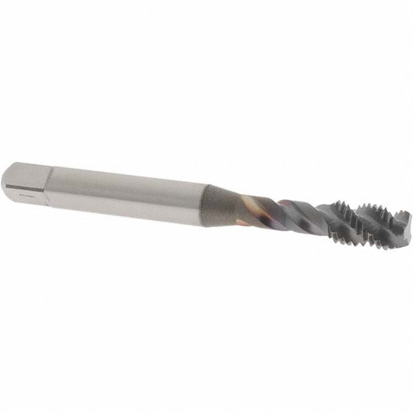 Spiral Flute Tap: 1/4-28 UNF, 3 Flutes, Modified Bottoming, 2B Class of Fit, Vanadium High Speed Steel, TICN Coated